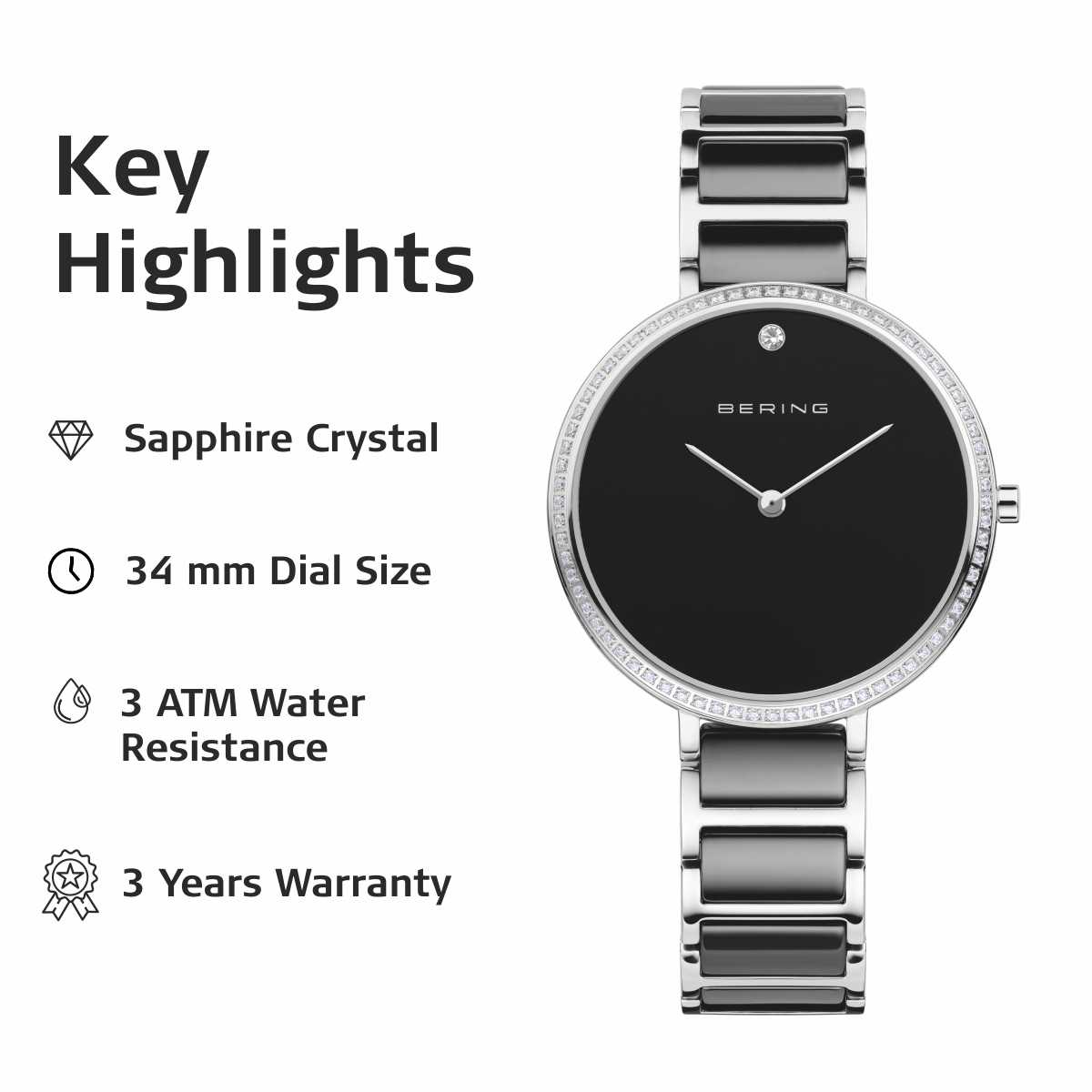 BERING Ceramic Analog Black Dial Women's Watch 30534-742 MSRP $199