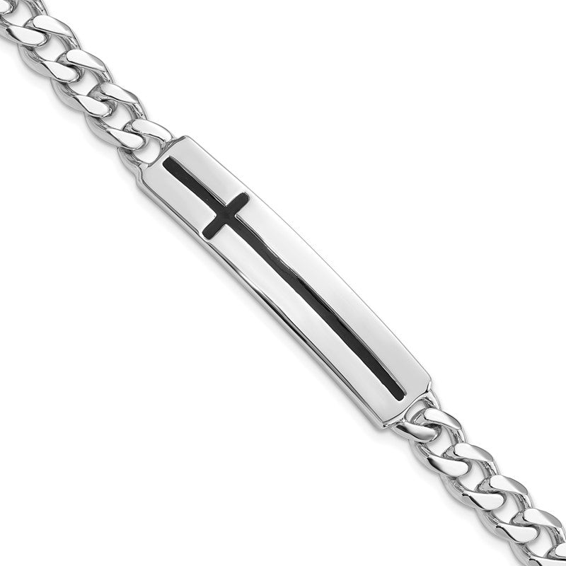925 Sterling Silver Men's Enameled Cross on Bar- ID Bracelet, 8