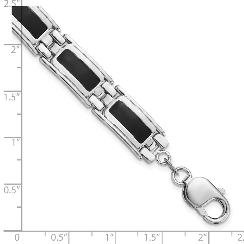 .925 Sterling Silver Men's Black Enamel Link Bracelet, 8 inch