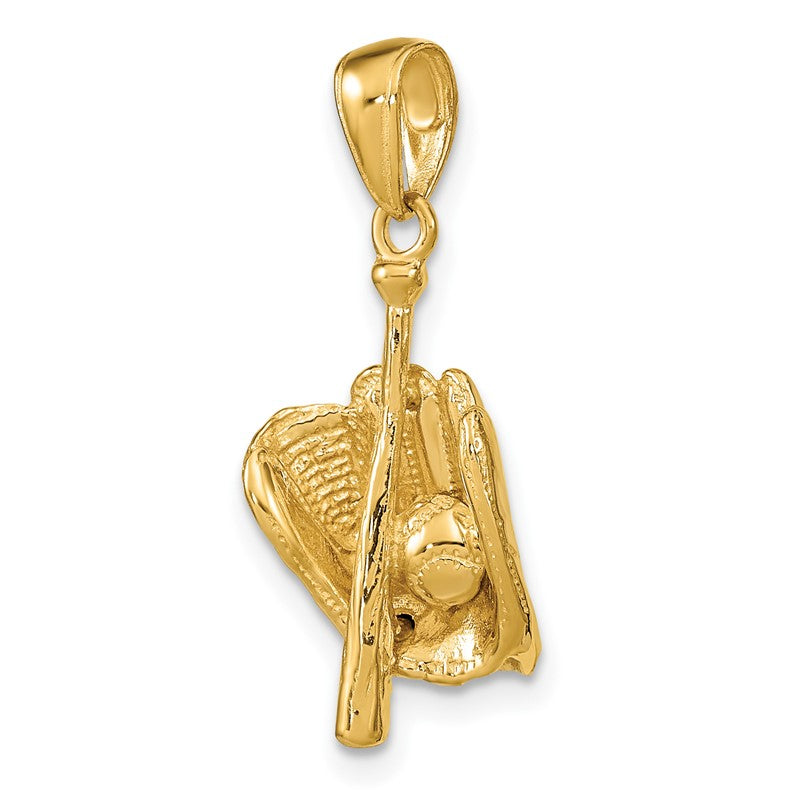 10K Yellow Gold Polished 3-D Glove/Bat/Ball Baseball Charm Pendant