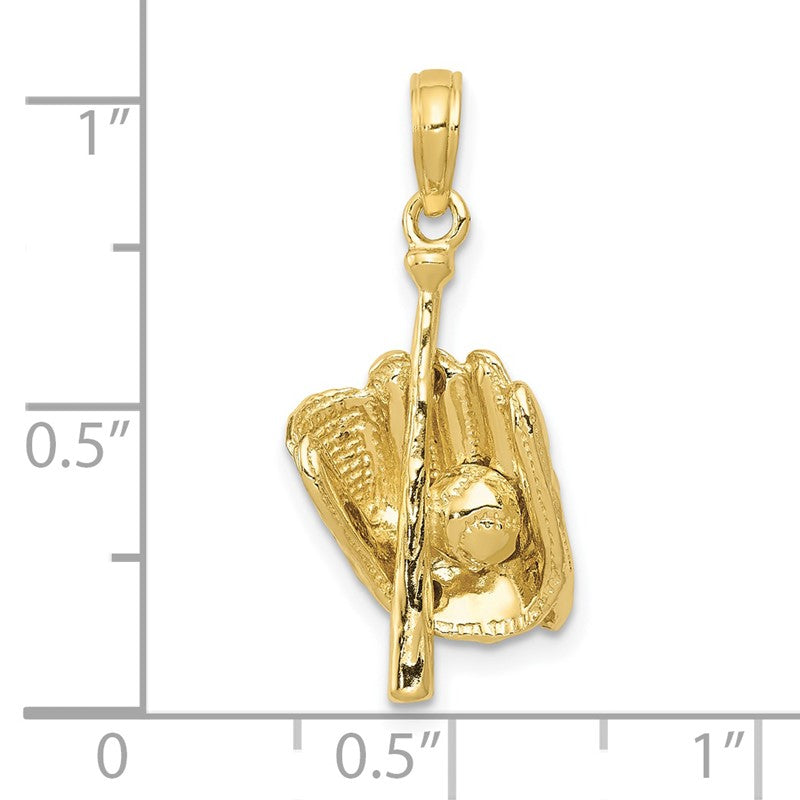 10K Yellow Gold Polished 3-D Glove/Bat/Ball Baseball Charm Pendant