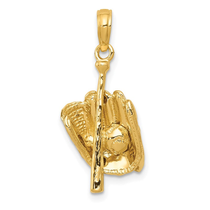 10K Yellow Gold Polished 3-D Glove/Bat/Ball Baseball Charm Pendant