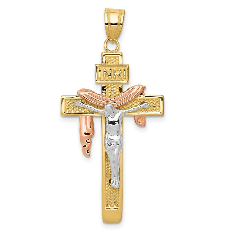 10K Tri-Color Gold Draped INRI Crucifix Charm Pendant