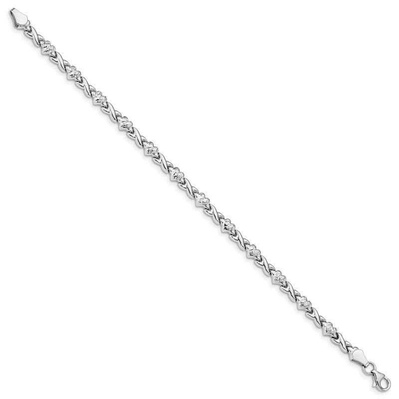 10k Women's White Gold Polished Heart and X Bracelet, 7 Inch