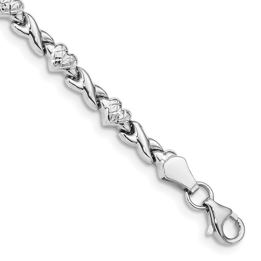 10k Women's White Gold Polished Heart and X Bracelet, 7 Inch