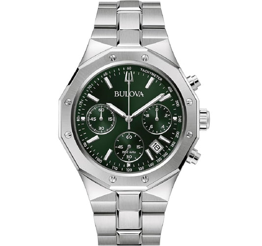 Bulova Men's Classic 6-Hand Chronograph High Performance Quartz Silver Stainless Steel Watch, Green Dial,Geometric Bezel 24 Hour Time, 44mm, Style:96B409