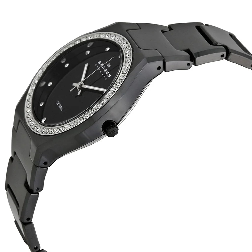 Skagen Ladies Black Dial With Swarovski Crystal Accents Ceramic Watch 813LXBC