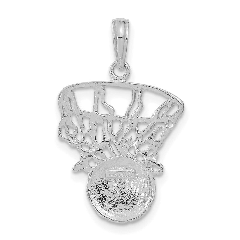 14K White Gold Swoosh Basketball and Net Charm Pendant