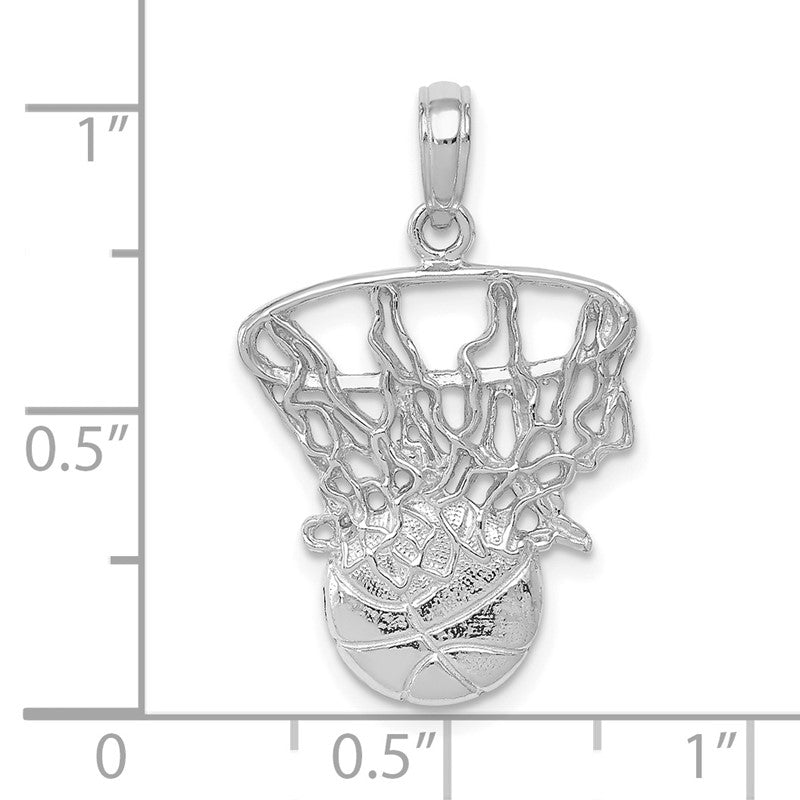 14K White Gold Swoosh Basketball and Net Charm Pendant