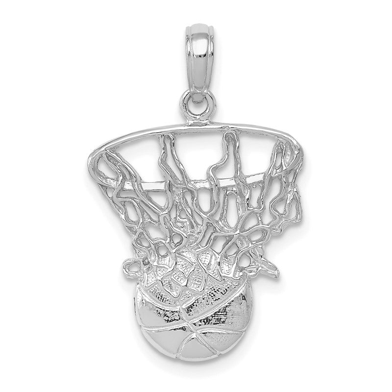 14K White Gold Swoosh Basketball and Net Charm Pendant