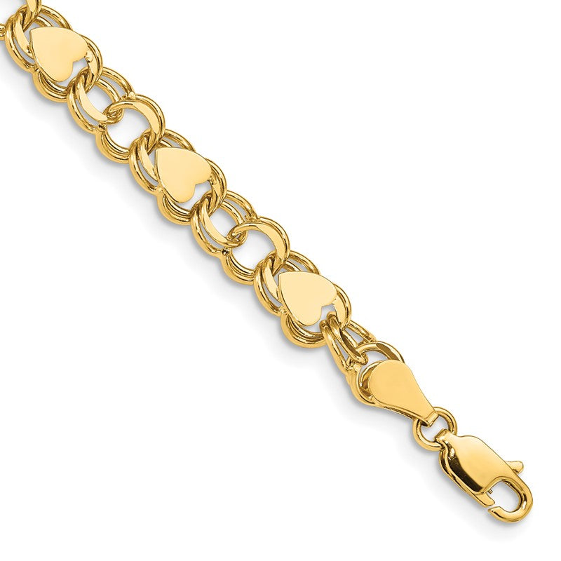 14k Women's 7 MM Double Link with Hearts Charm Bracelet, 7 Inch