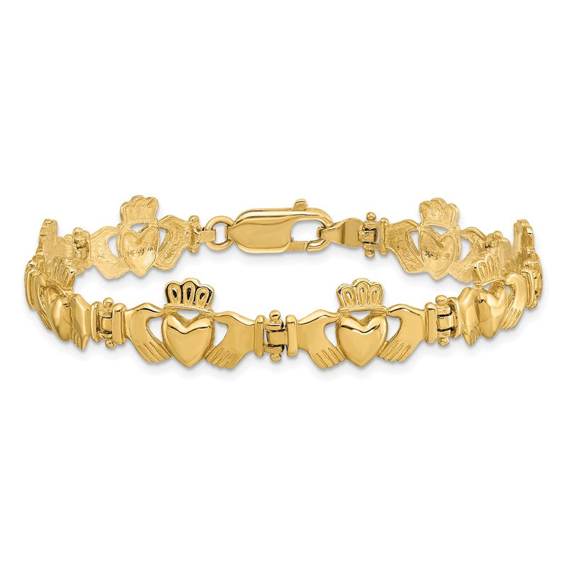 14k Yellow Gold Women's 10MM Polished Claddagh Link Bracelet, 7 inch