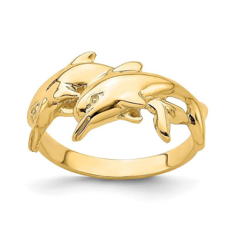 14K White Gold Women's Polished Double Dolphin Ring, Size 7