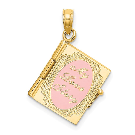 14K Yellow Gold Enameled 3D Moveable MY LOVE STORY Book Charm Pendant