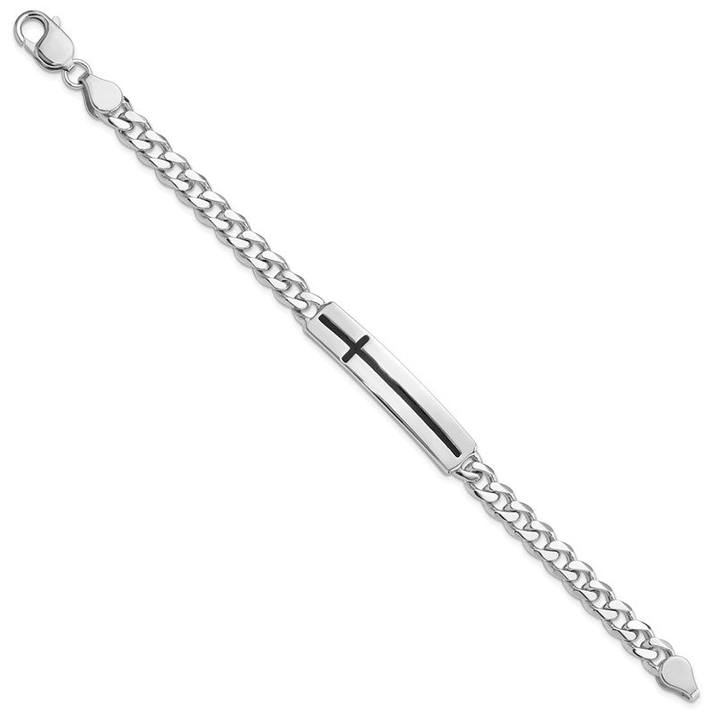 .925 Sterling Silver Men's Enameled Cross on Bar- ID Bracelet, 8 Inch