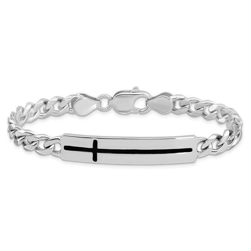 .925 Sterling Silver Men's Enameled Cross on Bar- ID Bracelet, 8 Inch