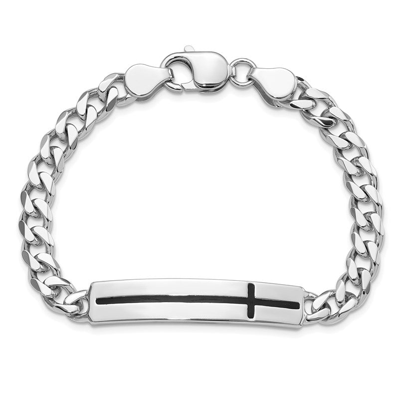 .925 Sterling Silver Men's Enameled Cross on Bar- ID Bracelet, 8 Inch