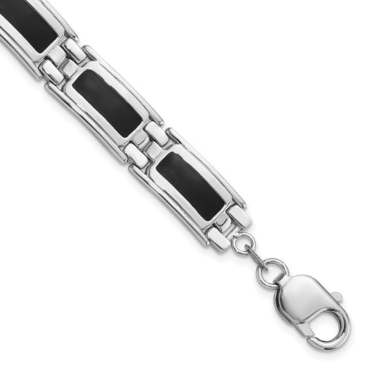 .925 Sterling Silver Men's Black Enamel Link Bracelet, 8 inch