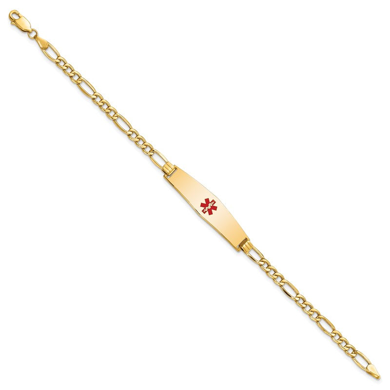 14K Women's Semi-Solid Medical Alert Red Enamel Figaro ID Bracelet, 7 inch