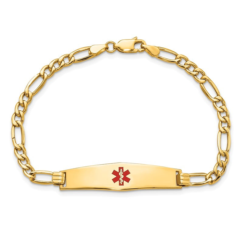 14K Women's Semi-Solid Medical Alert Red Enamel Figaro ID Bracelet, 7 inch