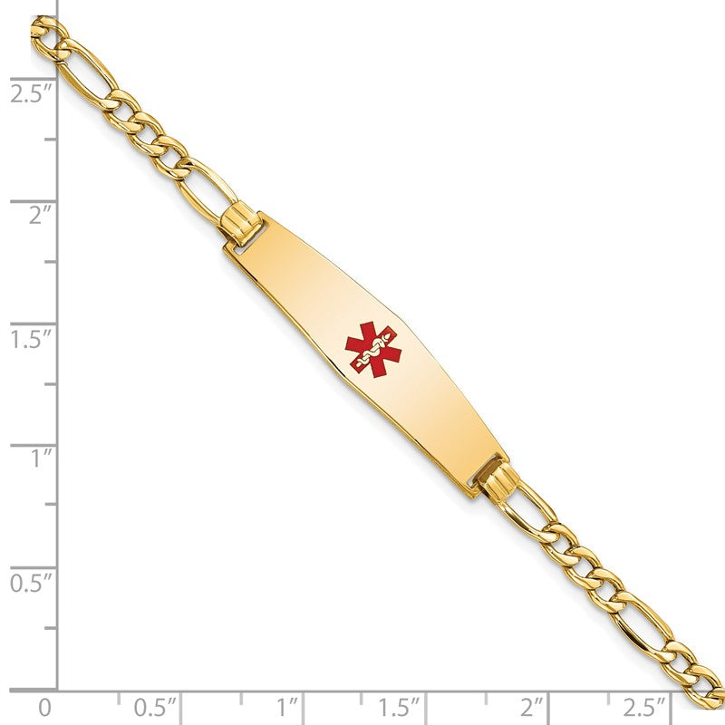 14K Women's Semi-Solid Medical Alert Red Enamel Figaro ID Bracelet, 7 inch