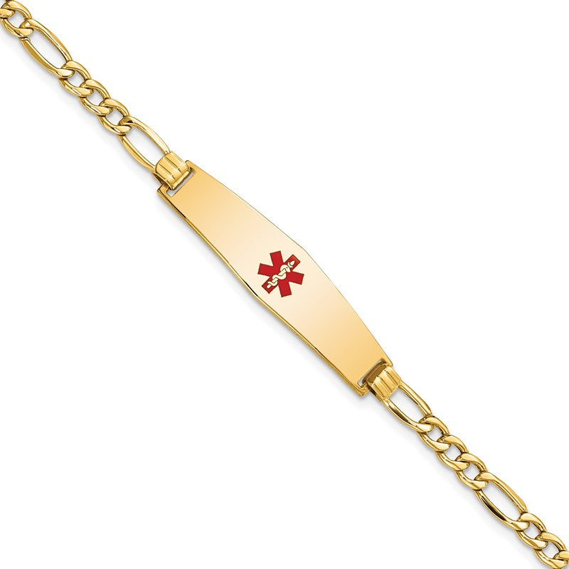 14K Women's Semi-Solid Medical Alert Red Enamel Figaro ID Bracelet, 7 inch