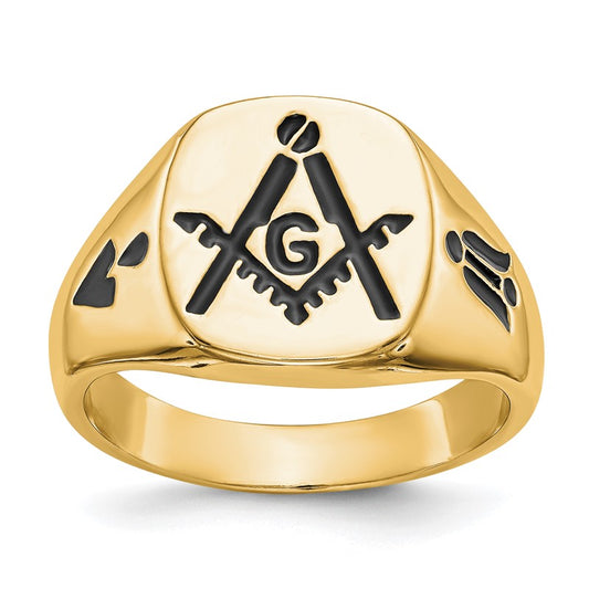 14k Yellow Gold Men's Polished and Grooved with Black Enamel Masonic Ring, Size 10